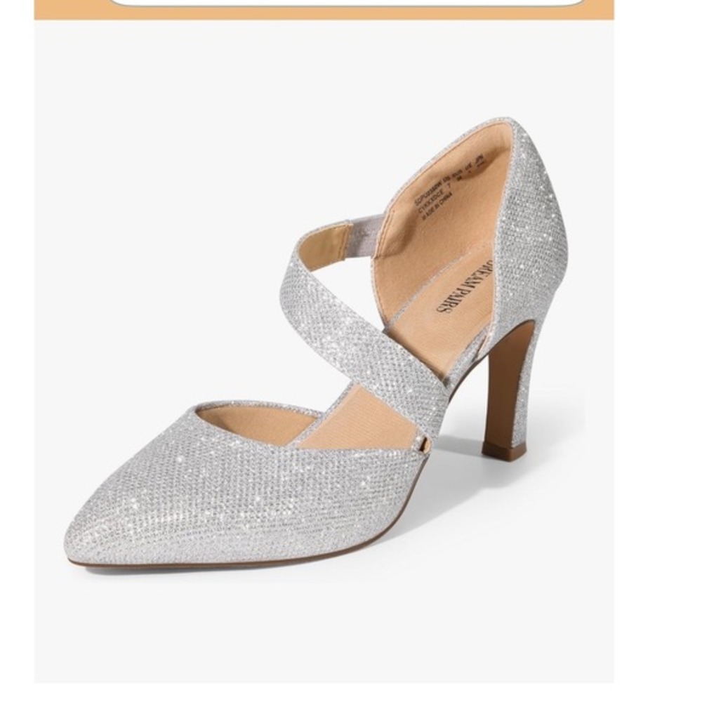 Dream Pairs Silver Glitter Pointed Toe Asymmetric Strap‎ Pumps Heels SDPU2350W 6